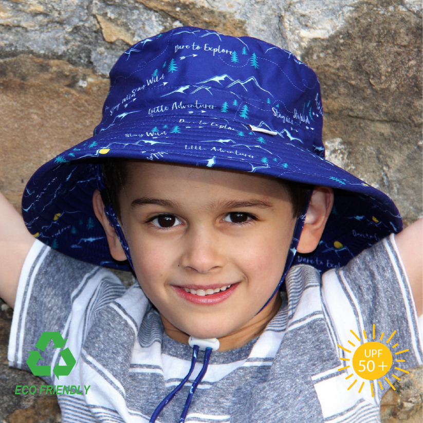 Eco-friendly kids bucket sun hat with an adventure print – made from recycled rPET fabric, featuring wide brim and UPF 50+ sun protection