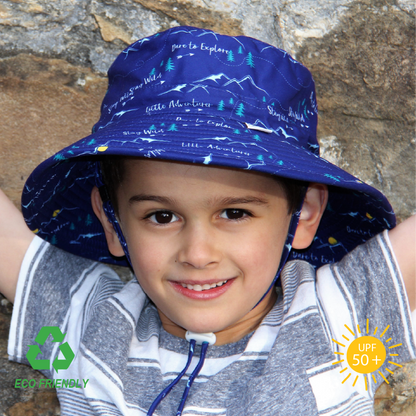 Eco-friendly kids bucket sun hat with an adventure print – made from recycled rPET fabric, featuring wide brim and UPF 50+ sun protection